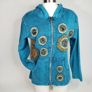 Art Studio Produce Jacket M Boho Hippie Applique Mineral Washed Cotton Hoodie